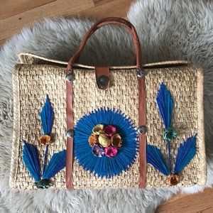 AMAZING Vintage floral straw woven travel tote